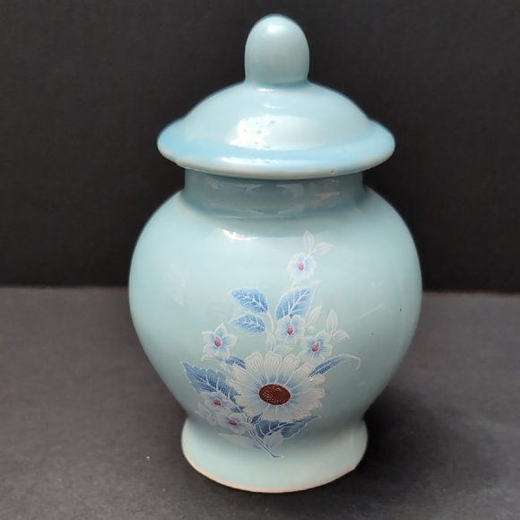 Source Unknown Other - Vintage Mini Sky-blue Ceramic Lidded Ginger Jar With Floral Design.